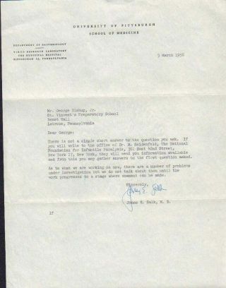 Jonas Salk Prominent Medical Researcher Polio Vaccine Signed Typed Letter W/coa