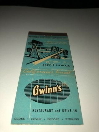 Vintage Matchbook Cover Gwinn’s Restaurant Pasadena California