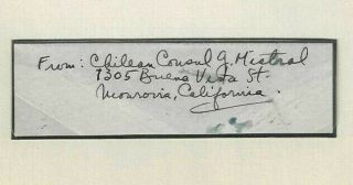 Gabriela Mistral Signed Slip / Nobel Prize Literature 1945 Autographed Chile