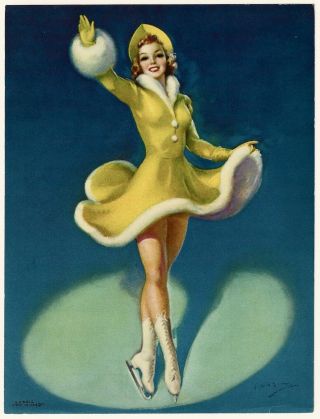 Vintage 1940s Leggy Ice Skater Art Deco Pin - Up Print Whirl Of Charm Jules Erbit