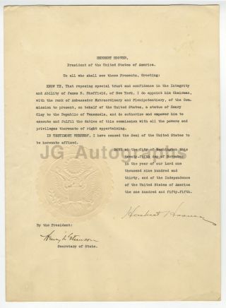 Herbert Hoover - Presidential Autographed Appointment To Honor Henry Clay 1955