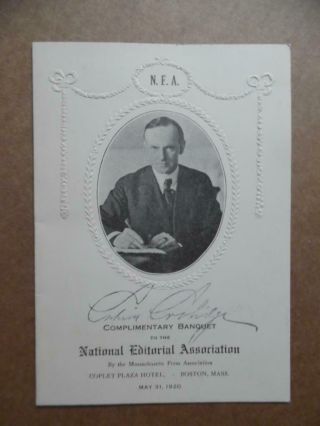 1920 Calvin Coolidge Signed Menu National Editorial Association Banquet Boston