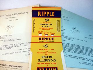 P.  Lorillard Tobacco Ripple Cigarette Label International Label Co Ephemera 1937 2