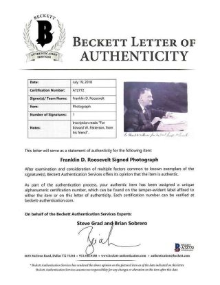Franklin D Roosevelt Signed Autographed 10x13 Photograph Beckett BAS 2