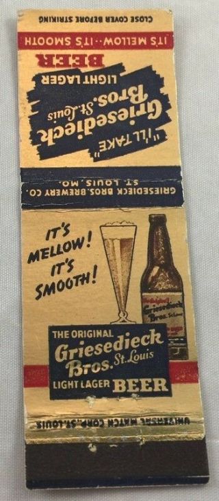 Vintage Matchbook Griesedieck Bros Lager Beer St Louis Brewery