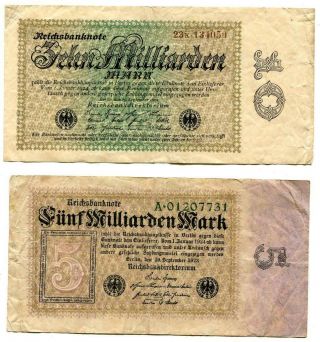 German 1923 5 Funf 10 Zehn Milliarden Reichsbanknotes Hyper Inflation