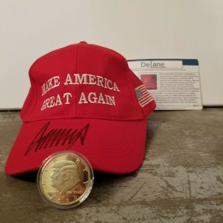 Donald Trump Autographed Make America Great Again Hat (maga) With Coin Gift