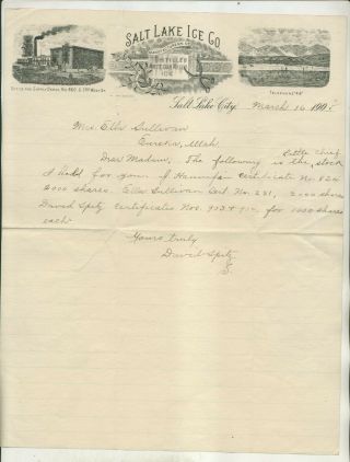 1905 Letter From David Spitz Of The Salt Lake Ice Co Salt Lake City Utah