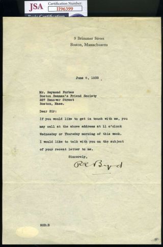 Richard E Byrd Jsa Hand Signed 1933 Letter Autograph