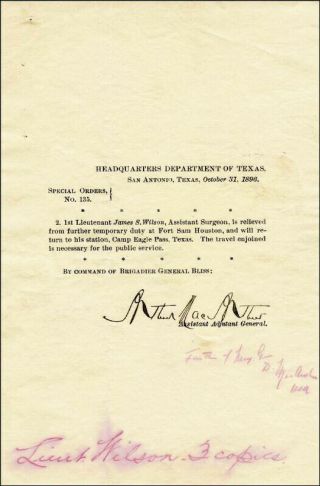 Arthur Macarthur Jr.  - Document Signed 10/31/1896