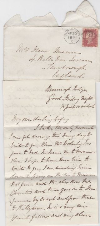 1861 Qv Dungannon Dunmoyle Lodge Letter To Wife With A 1d Red Stamp 99p Start