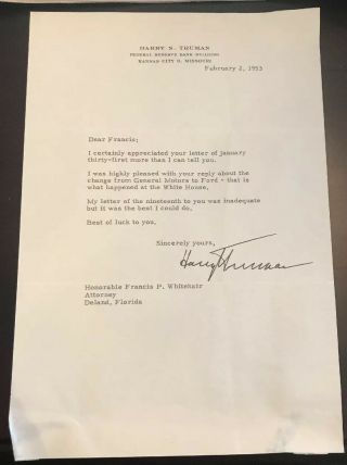 Harry S.  Truman 1953 Typed Letter Signed - To His Former Under Secretary Of Navy
