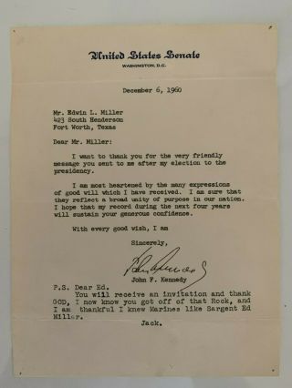 1960 John F Kennedy Typed Letter Signed With Personal Note Jfk