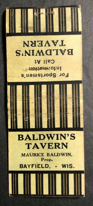 Baldwin’s Tavern Beer Matchbook Cover Bayfield Wisconsin