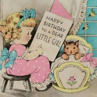 Vtg Volland Birthday Greeting Card Cute Girl Kitten Doll Cradle Pink 1930s - 40s