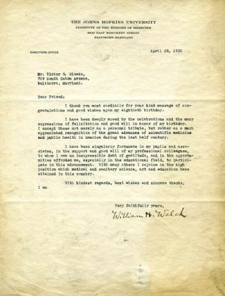 William H.  Welch - Typed Letter Signed 04/28/1930