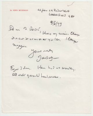 Sir John Betjeman,  Autograph Letter Signed,  Sending Review 1973