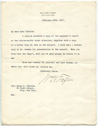 1915 William Howard Taft Typed Letter Signed Re: Pointe - Au - Pic Canada Water Supp