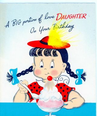 Vintage Norcross Susie Q Birthday Greeting Card Eating Big Ice Cream Sunday 3521