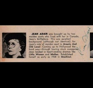 Character Actress Jean Adair Signed Cut - Arsenic And Old Lace W/ Josephine Hull
