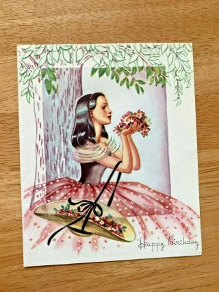 Vintage 1940s Birthday Card Woman In Pink Dress & Flowers Under Tree A&w T - 2869