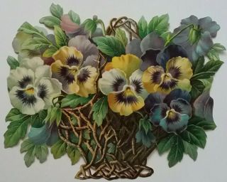 L Antique Embossed Chromo Victorian Scrap,  A.  Basket Of Pansies,  23x17cms.
