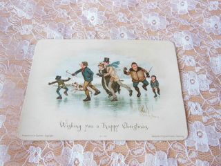 Victorian Christmas Card/group Of Adult Figures Skating On Ice/h&f