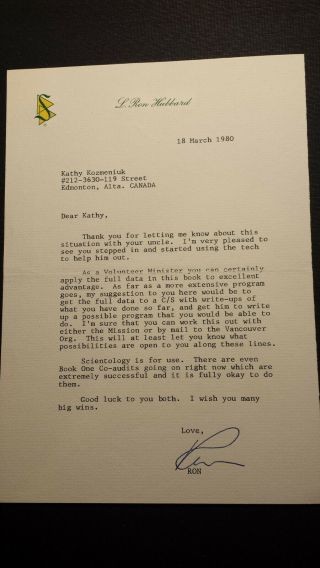 L.  Ron Hubbard Typed & Signed Letter 18 Mar 1980 Founder Scientology & Dianetics