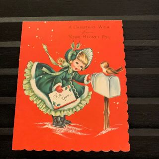 Vintage Greeting Card Christmas Cute Girl Mailbox Bird Snow