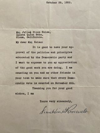 Signed Franklin D.  Roosevelt - Typed Letter Hand Signed,  Written Oct 29,  1932