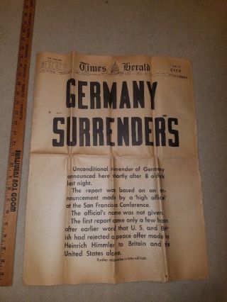 Vintage World War Ii Newspaper - Germany Surrenders