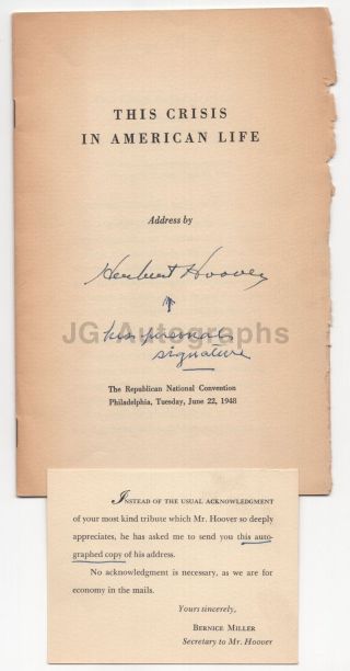 Herbert Hoover - 31st U.  S.  President - Signed Booklet,  1948