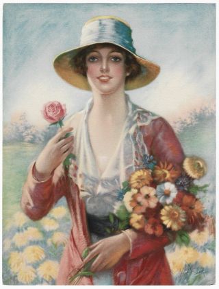 Vintage 1920s Art Deco Pin - Up Print Sunny Maiden Picking Flowers Frank H.  Desch