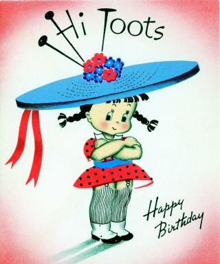 Vintage Norcross Susie Q Birthday Greeting Card Hi Toots Big Hat Nude Insid 3468