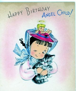 Vintage Norcross Susie Q Birthday Greeting Card Angel On Hat Cat 3460
