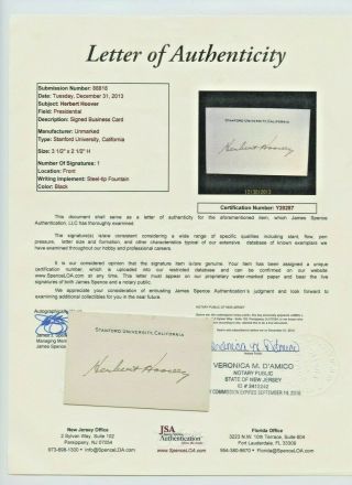 HERBERT HOOVER - SIGNATURE ON BUSINESS CARD JSA LETTER OF AUTHENTICITY 2