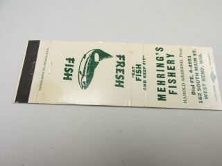 Y141 Matchbook Cover Mehrings Fishery West Bend Wi Wisconsin Fresh Fish