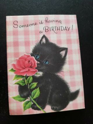 Vtg Norcross Birthday Greeting Card Sweet Black Kitten Pink Rose " Inky " England