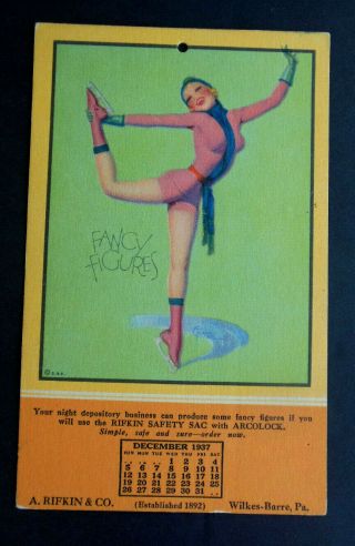 1937 Enoch Bolles Pinup Advertising Postcard Rifkin " Fancy Figures " Ice Skater