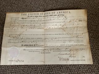 United States President James Buchanan Signed Land Grant Certificate 1857