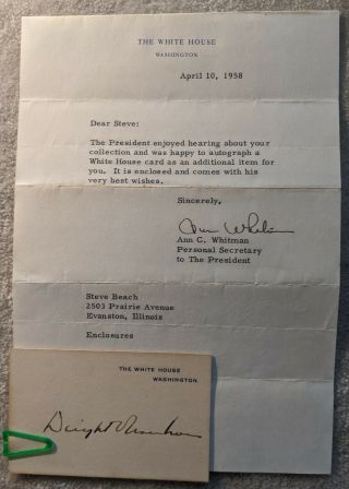 President Dwight Eisenhower Autograph,  With Letter Signed By Ann Whitman,  1958
