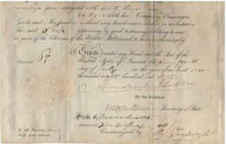 Ship Passport Document Signed By Andrew Jackson & Martin Van Buren 1830 With