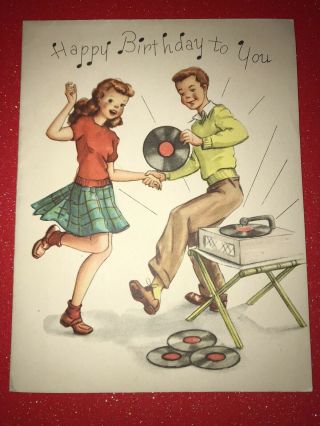 Vtg 1940 - 50’s Bobby Soxers Birthday Card By Golden Bell French Fold Made In Usa