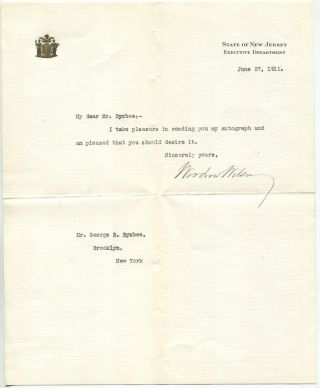 1911 Woodrow Wilson Typed Letter Signed As Governor Of Jersey