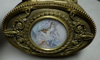 Antique French Empire Ornate Brass Box With Miniature Hand Painted Portrait We