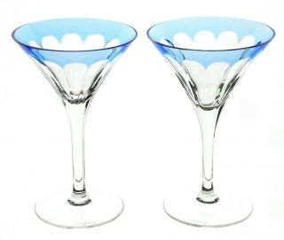 2 Faberge Grand Duke Azure Lt Blue Cut To Clear Crystal Martini Glass Signed