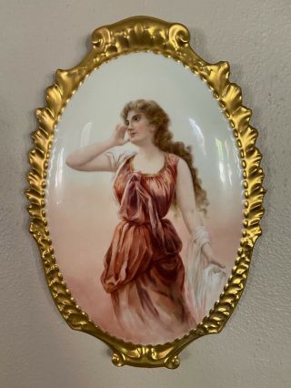 Antique Limoges Porcelain Hand Painted Portrait Plaque Of Lady