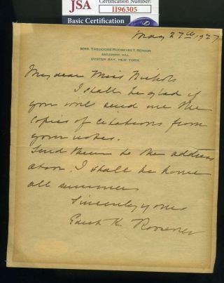 Edith Roosevelt Jsa Hand Signed 1927 Letter Autograph