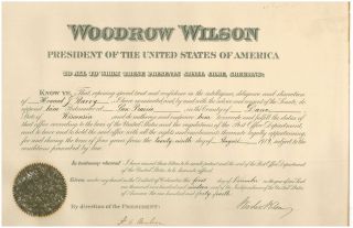 Woodrow Wilson Signed Postmaster Appointment Autograph Sun Prairie Wisconsin