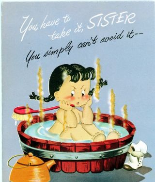 Vintage Norcross Susie Q Greeting Card Taking A Bath In Wood Tub 3358